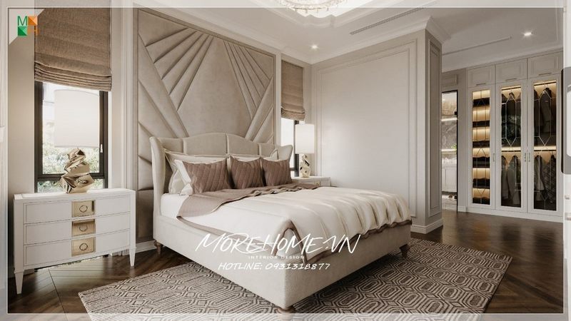 Thiết kế phòng ngủ liền phòng thay đồ, với phong cách đương đại màu trắng sang trọng, phù hợp với phòng ngủ có diện tích rộng như phòng ngủ master