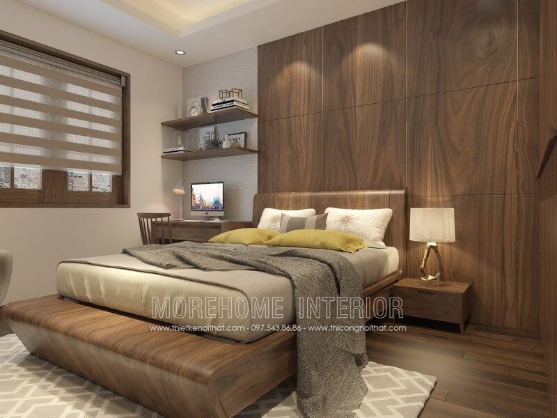 Mẫu thiết kế giường ngủ gỗ óc chó hiện đại sang trọng tại không gian nội thất phòng ngủ biệt thự